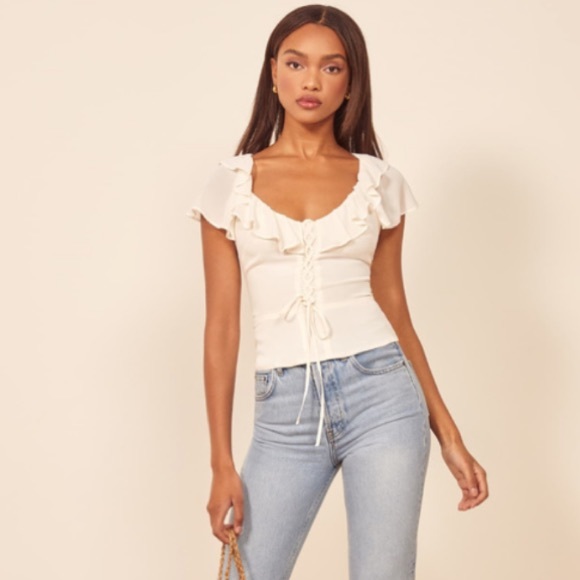 Reformation fleur ruffle lace up top white 8 - Picture 4 of 11